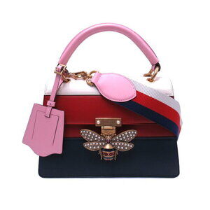 Gucci Queen Margaret Shoulder Bag Leather White Navy Blue Tricolor